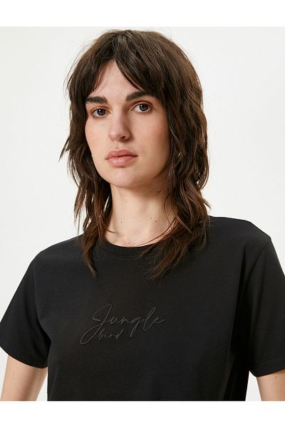 Koton Cotton Short Sleeve T-Shirt - Crew Neck, Slogan Printed