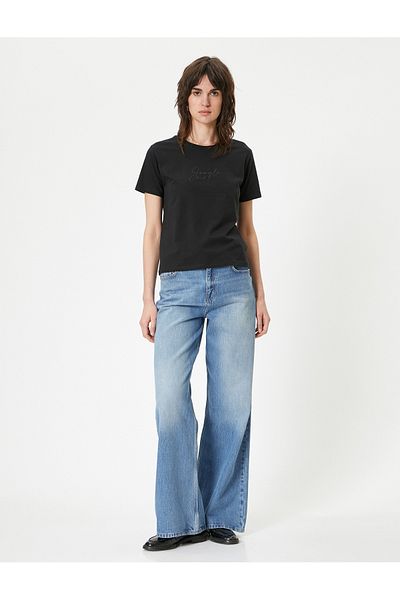 Koton Cotton Short Sleeve T-Shirt - Crew Neck, Slogan Printed