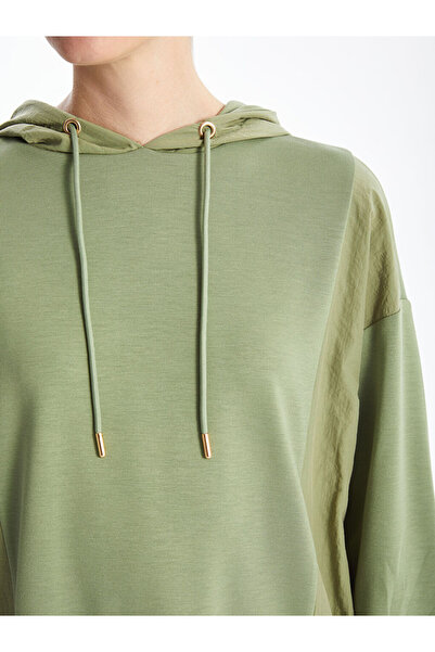 LC Waikiki Green Hooded Color Blocked Oversize Women's Sweatshirt Tunic