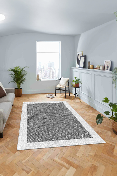 Viyana Home Digital Anti-Slip Black Framed Jute Model Washable Runner Kitchen Living Room Carpet