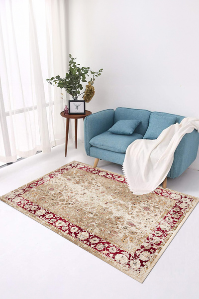 Viyana Home Digital Anti-Slip Floral Patterned Jute Model Washable Floor Mat Kitchen Living Room Carpet