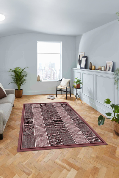 Viyana Home Digital Anti-Slip Base Square Patterned Jute Model Washable Floor Mat Kitchen Living Room Carpet