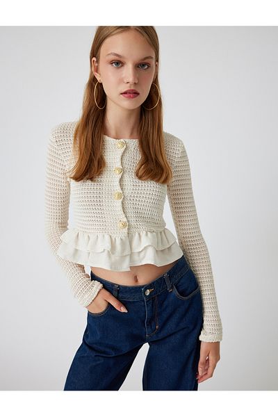 Koton Crew Neck Knit Crop CarDigan - ButtoneD anD RuFFle DetaileD
