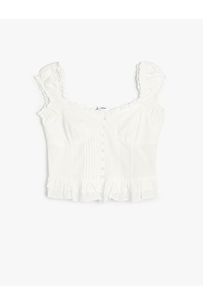 Koton Kurze Popeline-Bluse – Herzkragen mit gerüschten dicken Trägern und Knöpfen