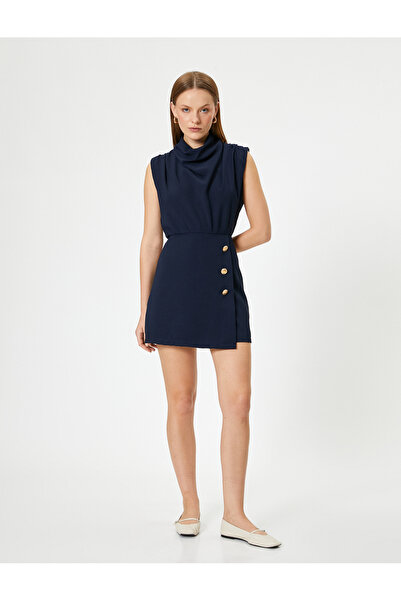 Koton Μίνι φόρεμα με γιακά σάλι Αμάνικο ντραπέ με χρυσό κουμπί λεπτομέρεια