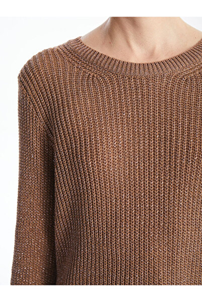 LC Waikiki Brown Crew Neck Openwork Women's Knitwear Sweater