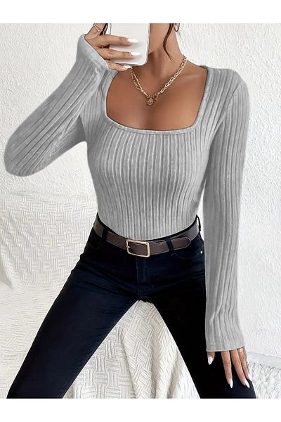 Wildco Women's Gray Stretchy Lycra Long Sleeve Blouse - Square Neck, New Year Winter Top