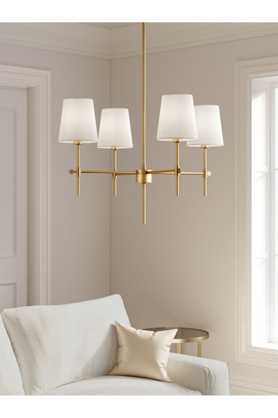 burenze Modern Tasarım Krem Abajur 4 Kollu Avize Eskitme Gold Salon Oturma Odası Avizesi