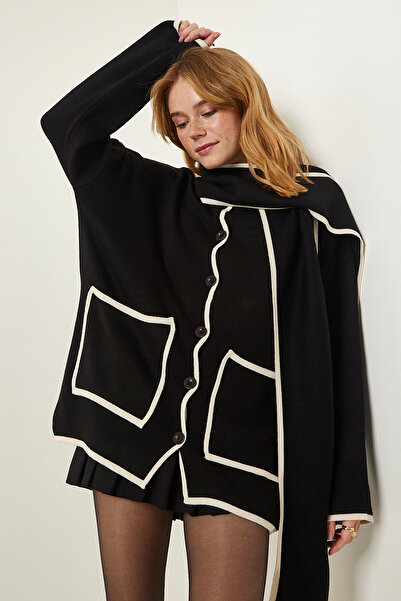 Lovelyİstanbul Tricotaj negru Cardigan de sezon - Eșarfă LDD0100