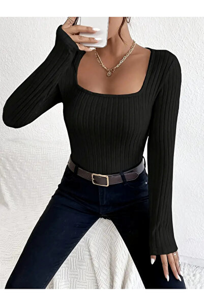 Wildco Μαύρη ριγέ μπλούζα Lycra - Τετράγωνος γιακάς, Μακρυμάνικο, Strechy, Πρ...