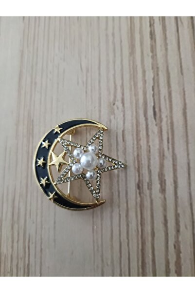 ESJ İnci Detay Ay Yıldız Unisex Broş Ebat: 5,5 Cm