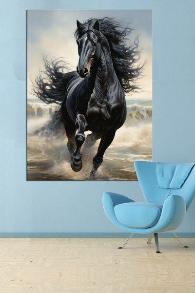 Morfil Sanat Atölyesi Black Maneed Horse Running on the Beach Magnificent Horse Artistic Canvas Print (7 Different Sizes)