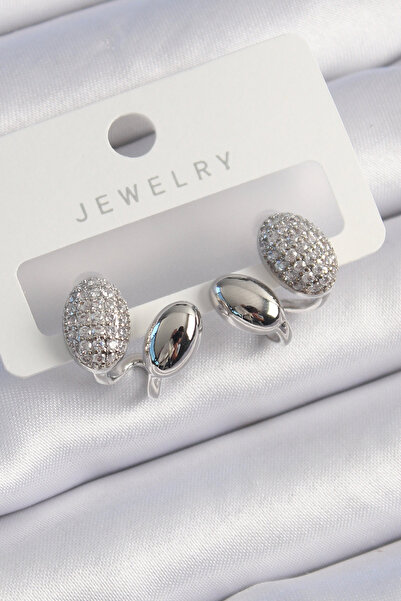 durgunstore Brass Silver Color Zircon Stone Women's Earrings
