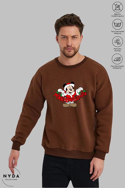 Nyda Collections Unisex Πρωτοχρονιά Καλά Χριστούγεννα με στάμπα με λαιμόκοψη χωρίς κουκούλα υπερμεγέθη φούτερ