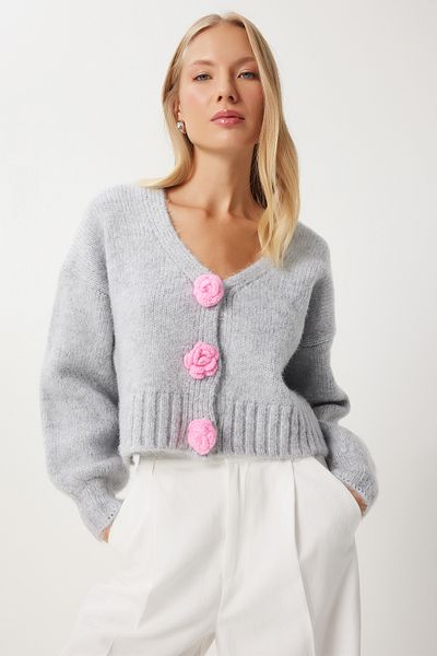 Lovelyİstanbul Cardigan din tricotaje cu modele florale cu pompon GRI - LPF0079