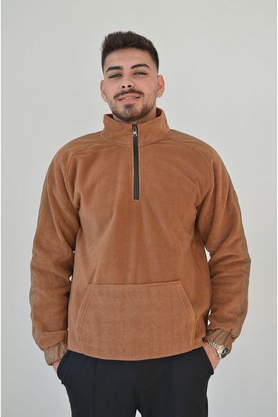 Mind Clothes Men's Stand-Up Collar Brick Color Semi-Plush Sleeve Detailed Zippered Men's Sweater
