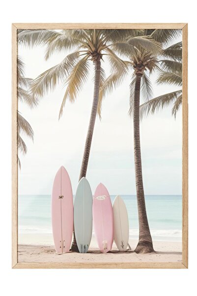 Postifull Tablou înrămat cu plăci de surf pe plajă, cadru din lemn și poster,...