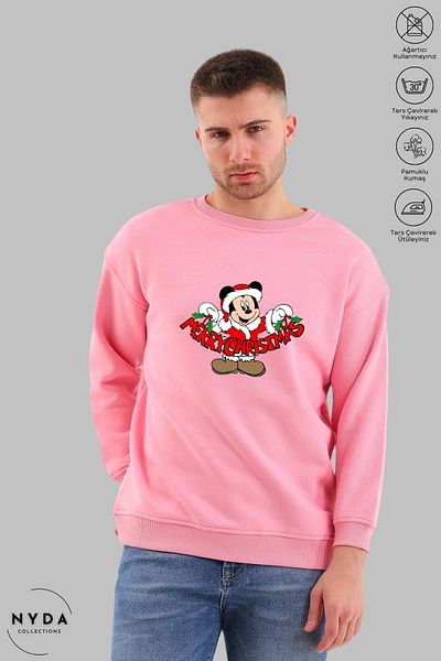 Nyda Collections Unisex Πρωτοχρονιά Καλά Χριστούγεννα με στάμπα με λαιμόκοψη χωρίς κουκούλα υπερμεγέθη φούτερ