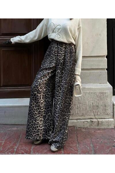 Hotfashion Kahverengi Leopar Desen Pileli Palazzo Pantolon