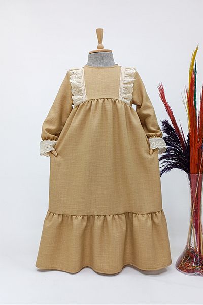 Betül Akbay Rochie musulmană din in festonată pentru fetiță, lungime întreagă, model Defne, galben muștar