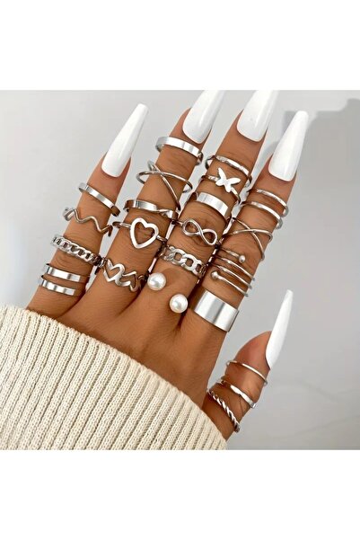 Alina 22Lİ set yüzük incili KALP desenli kombin eklem yüzük seti KALP YÜZÜK