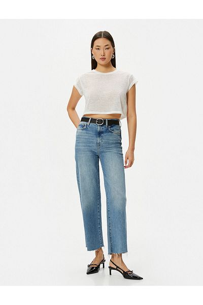 Koton Κοντό μανίκι Slim Fit Crew Neck Ημιδιάφανο Crop T-shirt