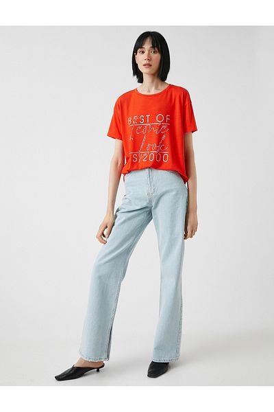 Koton Printed Sequin T-Shirt Crew Neck