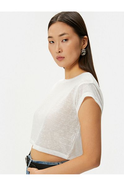 Koton Κοντό μανίκι Slim Fit Crew Neck Ημιδιάφανο Crop T-shirt