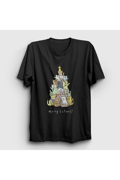Presmono Unisex Μαύρο χριστουγεννιάτικο μπλουζάκι Merry Catmas Cats 270047 ττ