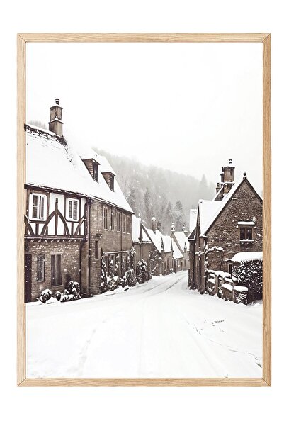 Postifull Pictură de Anul Nou Winter Village, cadru din lemn și poster, pictură de perete Seria Comfort NR:108410