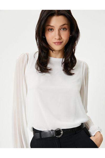 Koton Chiffonärmelige Bluse mit plissiertem Rundhalsausschnitt und Standardschnitt