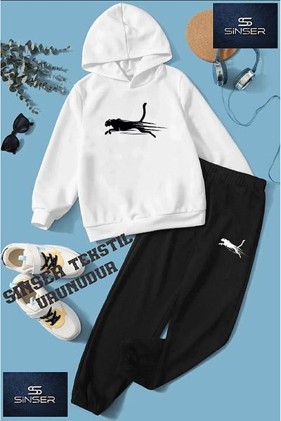 SİNSER TEKS Hooded Children's Printed Tracksuit Set with "Jaguar Cizzili"