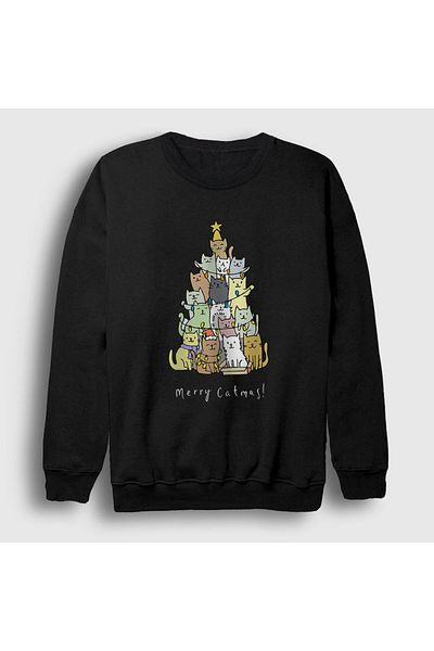 Presmono Unisex Μαύρο Merry Catmas Cats Πρωτοχρονιάτικο φούτερ 270128 ττ