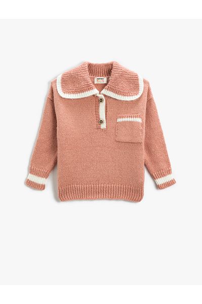 Koton Oversize Knitwear Sweater Wide Baby Collar Striped Buttons Pocketed