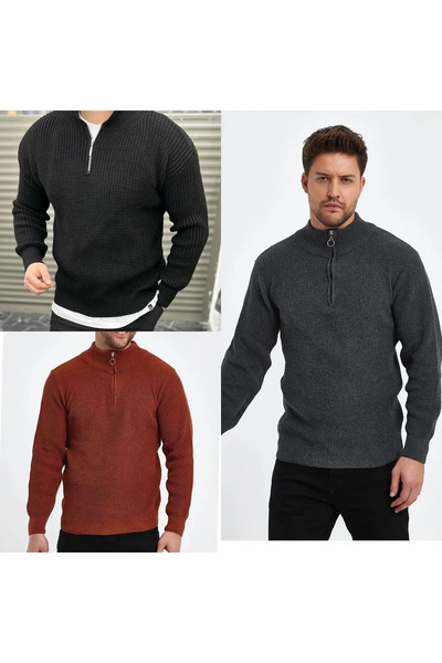 Beybun boutique 3-Pack Men's Half Zip Knitwear Sweater Black Smoked Tile
