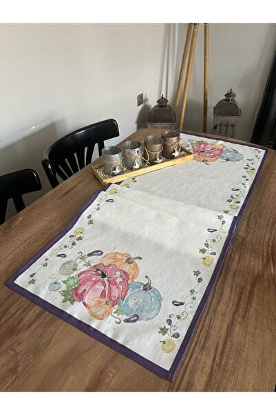 Lilies Atelier Lily Pastel Yağlı Boya Balkabağı Desen 45x150 Keten Runner I M...