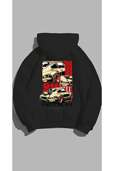 Unisex Oversize Kalıp Baskılı 3 İplik Araba  Detaylı Siyah Hoodie  Kapşonlu Sweatshirt