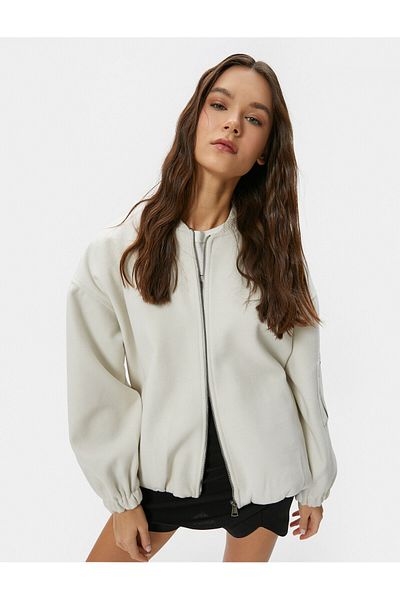 Koton Jachetă bomber oversize din lână, cu fermoar, decolteu rotund, cu mânecă lungă