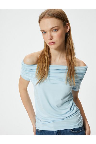 Koton Viskoses, schulterfreies Slim-Fit-T-Shirt – Drapiertes Detail