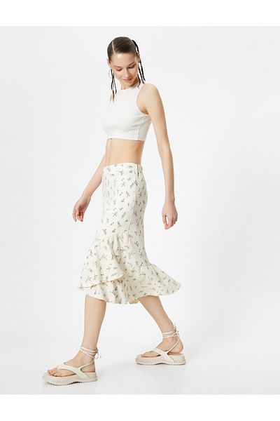 Koton Floral Midi Skirt - Asymmetrical Cut - Textured Wrap