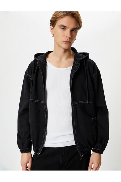 Koton Denim Jacket Hooded Zippered Stitching Detailed Pocket
