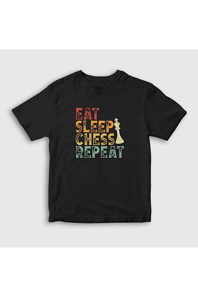 Presmono Tricou pentru copii unisex Black Eat Sleep Chess Repeat Chess332052tt