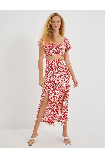 Koton Floral Long Skirt with Front Slit