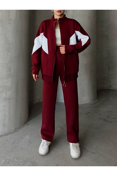 sportiness Oversize 3 Yarn Raised Garnied Zip-Up Bat Sleeve Wide Leg Tracksuit Set