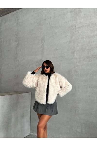 WoolnClyde Γυναικείο Oversize βελούδινο Premium Faux Fur Κοντό παλτό με γιακά