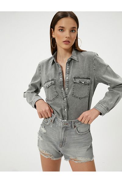 Koton Comfortable Cotton Jeans Shirt - Long Sleeve, Pocket and Snap Button