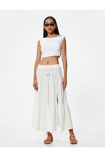 Koton Layered Cotton Midi Skirt - Flared Skirt with Slit Detail