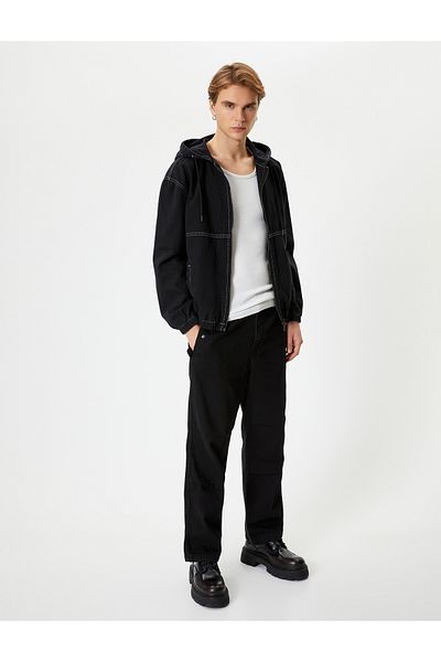 Koton Denim Jacket Hooded Zippered Stitching Detailed Pocket