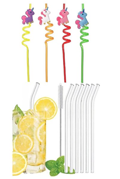 Genel Markalar 6 Adet Sevimli Emojili Kokteyl Plastik Pipet ve 6 Adet Cam Pip...