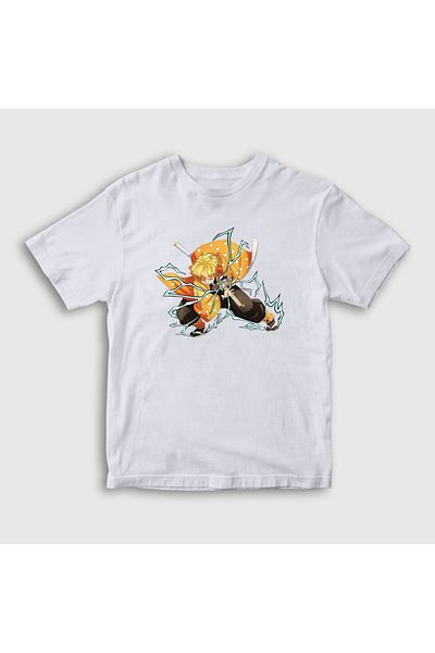 Presmono Tricou alb unisex pentru copii Zenitsu Anime Demon Slayer Kimetsu No Yaiba309161tt